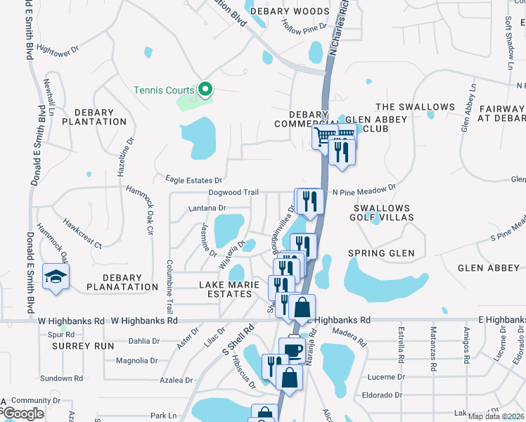 map of restaurants, bars, coffee shops, grocery stores, and more near 48 Hydrangea Lane in DeBary