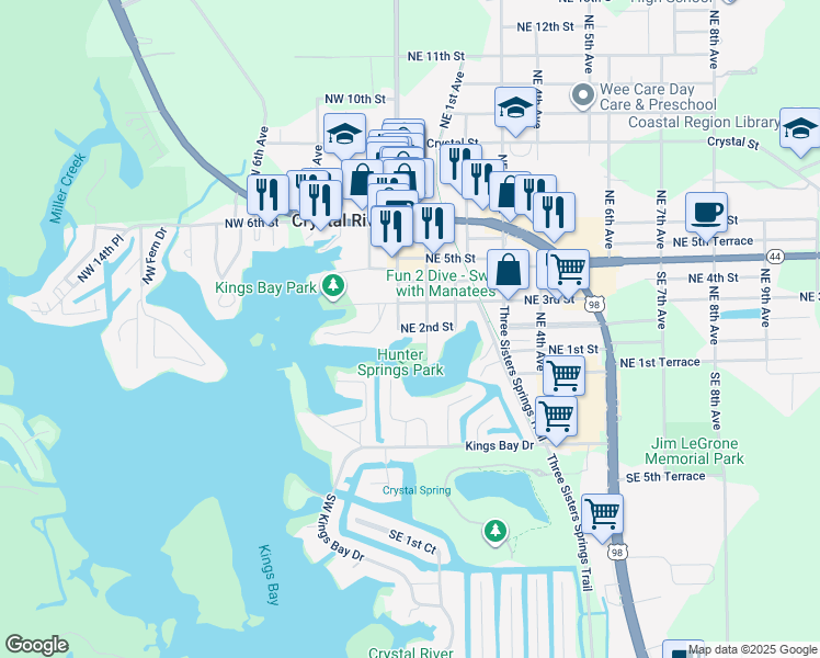 map of restaurants, bars, coffee shops, grocery stores, and more near 16 Northeast 2nd Street in Crystal River