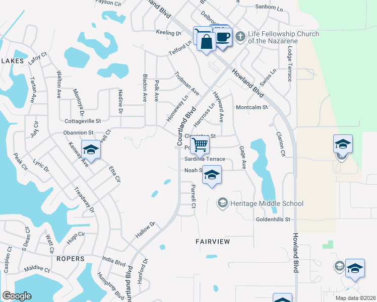 map of restaurants, bars, coffee shops, grocery stores, and more near 3205 Post Street in Deltona