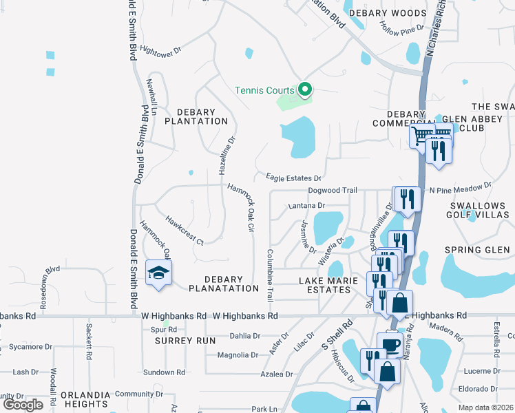 map of restaurants, bars, coffee shops, grocery stores, and more near 50 Columbine Trail in DeBary