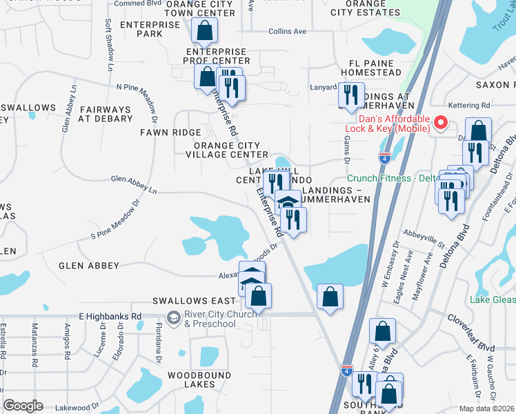 map of restaurants, bars, coffee shops, grocery stores, and more near 115 Glen Abbey Lane in DeBary