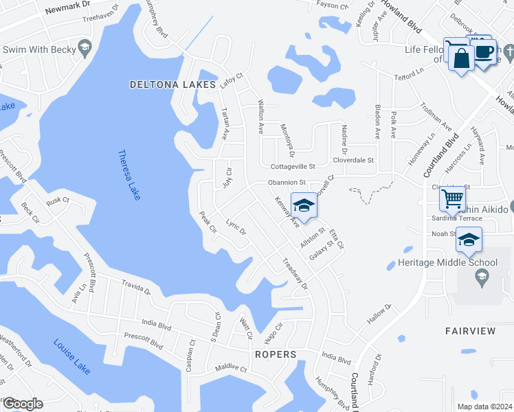 map of restaurants, bars, coffee shops, grocery stores, and more near 1154 Humphrey Boulevard in Deltona