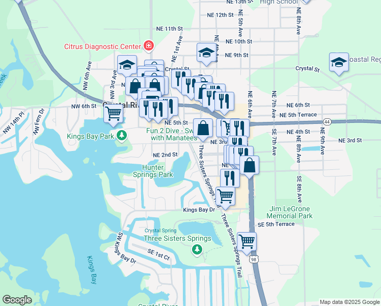 map of restaurants, bars, coffee shops, grocery stores, and more near 244 Northeast 2nd Court in Crystal River