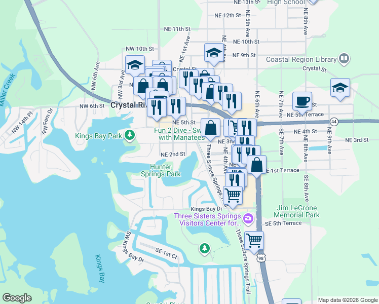 map of restaurants, bars, coffee shops, grocery stores, and more near 244 NE 2nd Ct in Crystal River