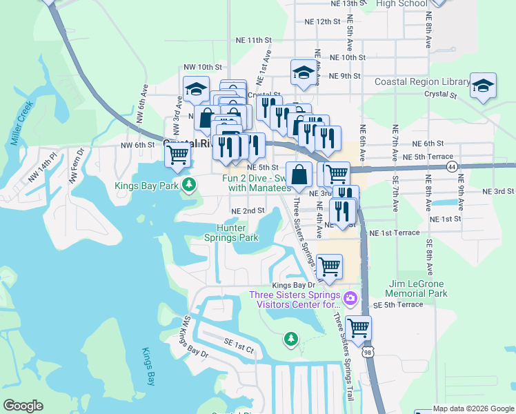 map of restaurants, bars, coffee shops, grocery stores, and more near 118 Northeast 2nd Street in Crystal River