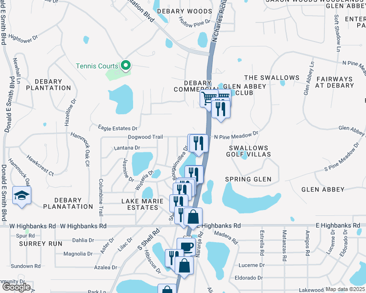 map of restaurants, bars, coffee shops, grocery stores, and more near 56 Bougainvillea Drive in DeBary