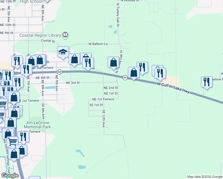 map of restaurants, bars, coffee shops, grocery stores, and more near 1244 Northeast 2nd Street in Crystal River