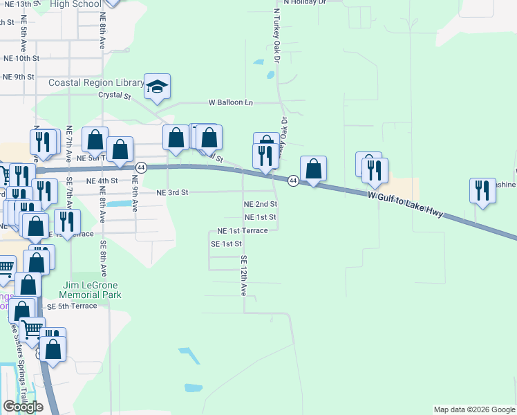 map of restaurants, bars, coffee shops, grocery stores, and more near 1244 Northeast 2nd Street in Crystal River