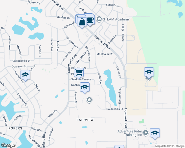 map of restaurants, bars, coffee shops, grocery stores, and more near Post Street in Deltona