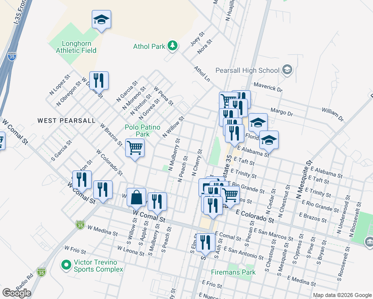 map of restaurants, bars, coffee shops, grocery stores, and more near 409 North Peach Street in Pearsall