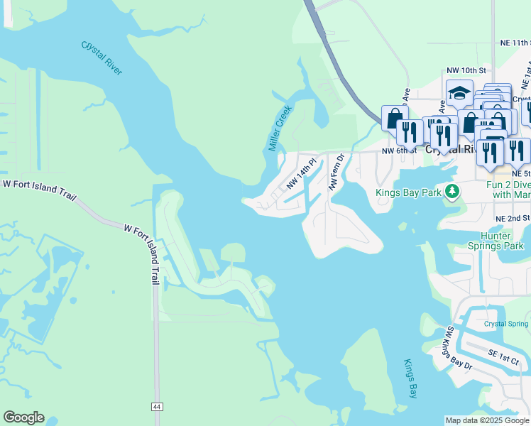 map of restaurants, bars, coffee shops, grocery stores, and more near 385 Northwest 14th Place in Crystal River