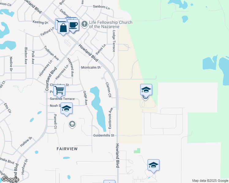 map of restaurants, bars, coffee shops, grocery stores, and more near 1169 Howland Boulevard in Deltona