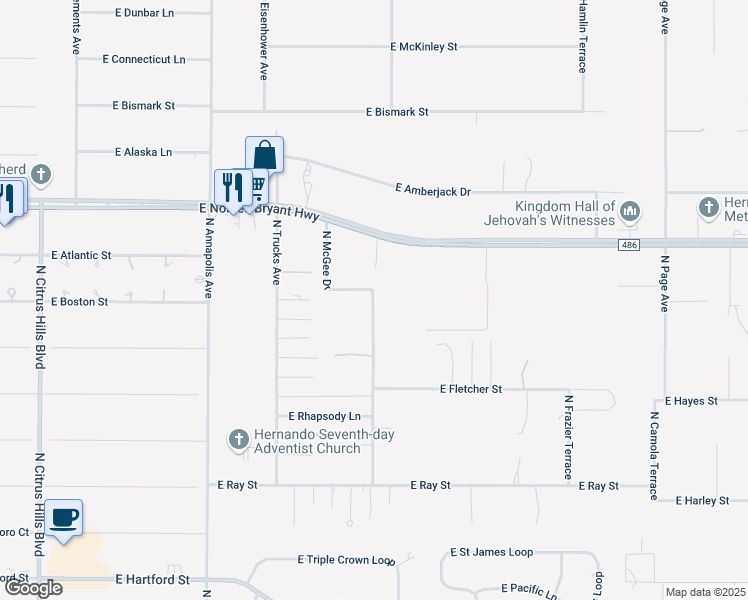 map of restaurants, bars, coffee shops, grocery stores, and more near 2289 North McGee Drive in Hernando