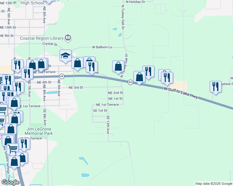 map of restaurants, bars, coffee shops, grocery stores, and more near 1244 Northeast 2nd Street in Crystal River