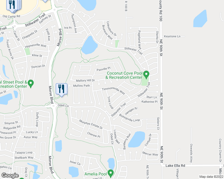 map of restaurants, bars, coffee shops, grocery stores, and more near 490 Timmonsville Way in The Villages