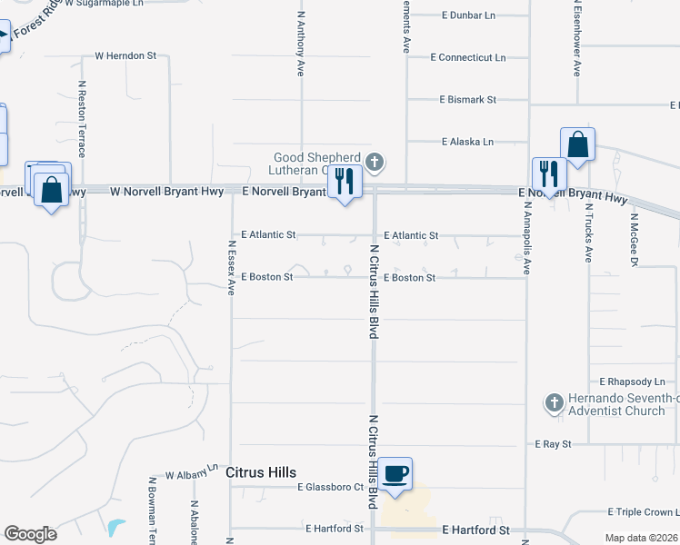 map of restaurants, bars, coffee shops, grocery stores, and more near 302 East Boston Street in Hernando