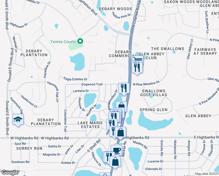map of restaurants, bars, coffee shops, grocery stores, and more near 56 Bougainvillea Drive in DeBary