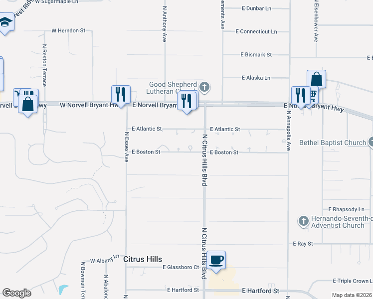 map of restaurants, bars, coffee shops, grocery stores, and more near 2280 North Hardee Point in Hernando