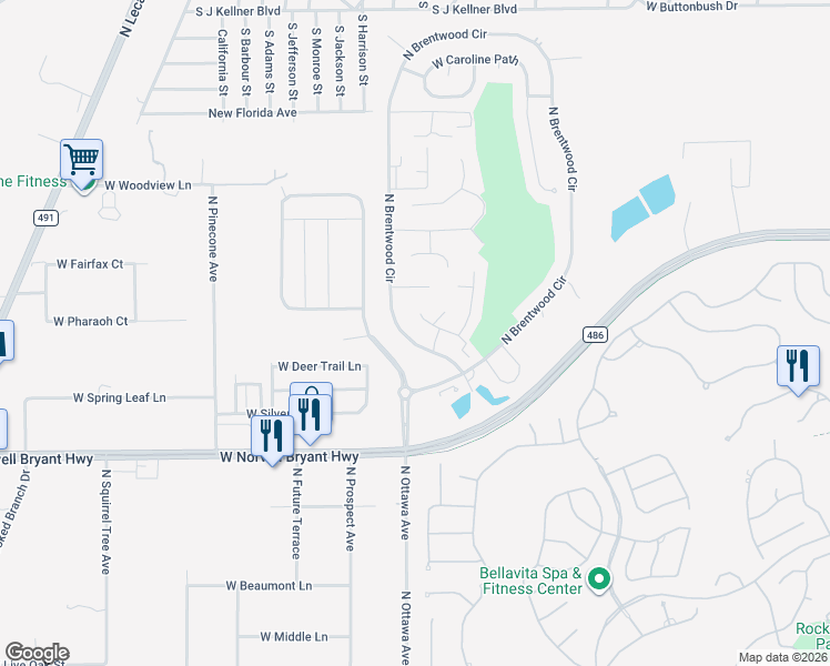 map of restaurants, bars, coffee shops, grocery stores, and more near 2121 North Brentwood Circle in Lecanto