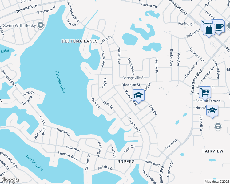 map of restaurants, bars, coffee shops, grocery stores, and more near 2870 Varsity Terrace in Deltona