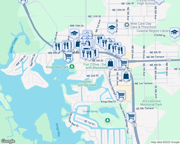 map of restaurants, bars, coffee shops, grocery stores, and more near 16 Northeast 2nd Street in Crystal River