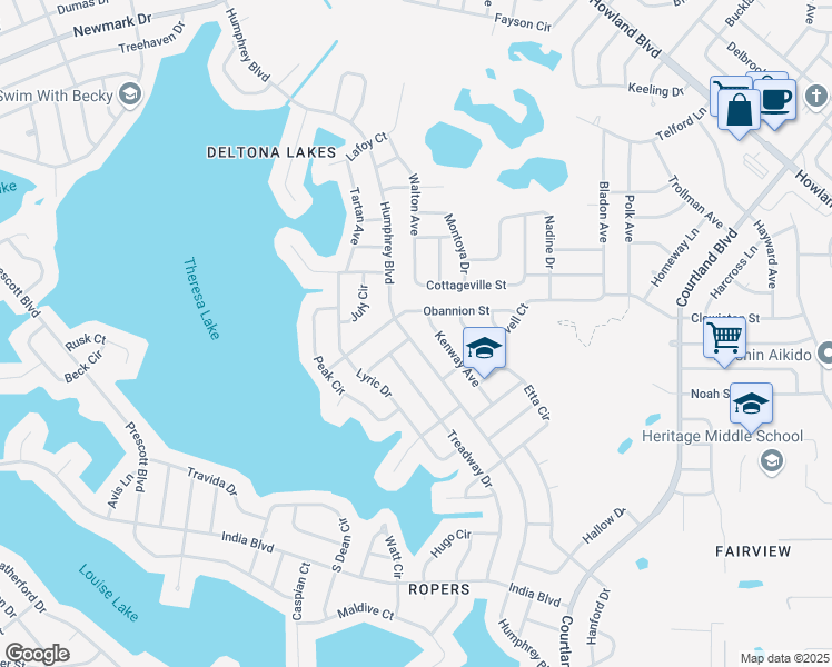 map of restaurants, bars, coffee shops, grocery stores, and more near 1165 Humphrey Boulevard in Deltona