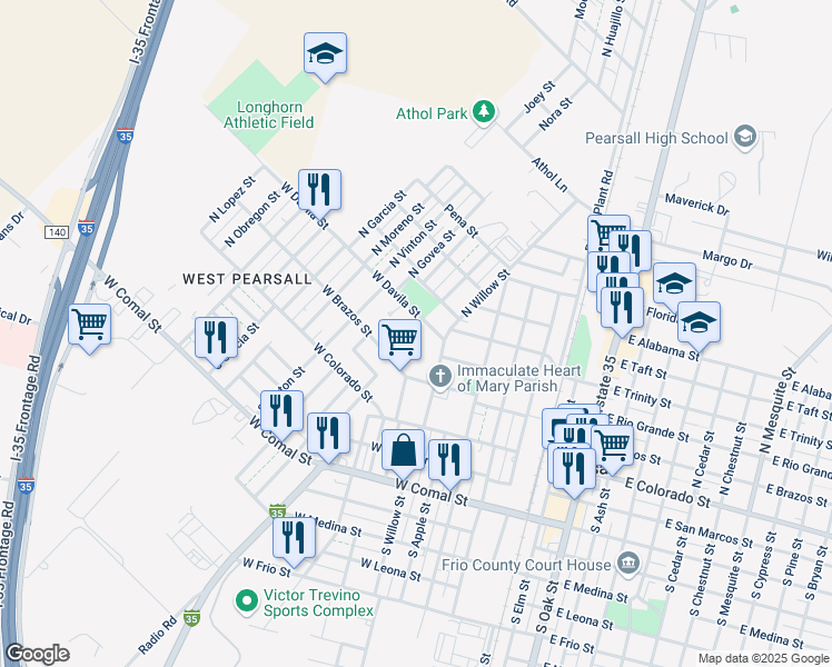 map of restaurants, bars, coffee shops, grocery stores, and more near 705 West Brazos Street in Pearsall