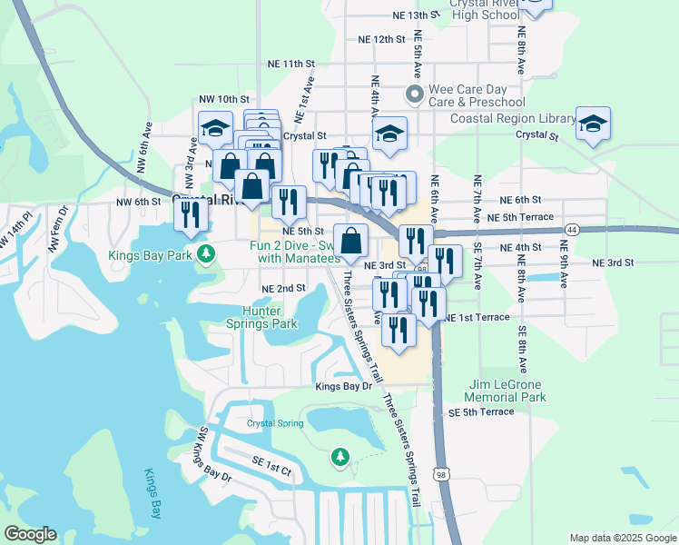 map of restaurants, bars, coffee shops, grocery stores, and more near Crosstown Trail in Crystal River
