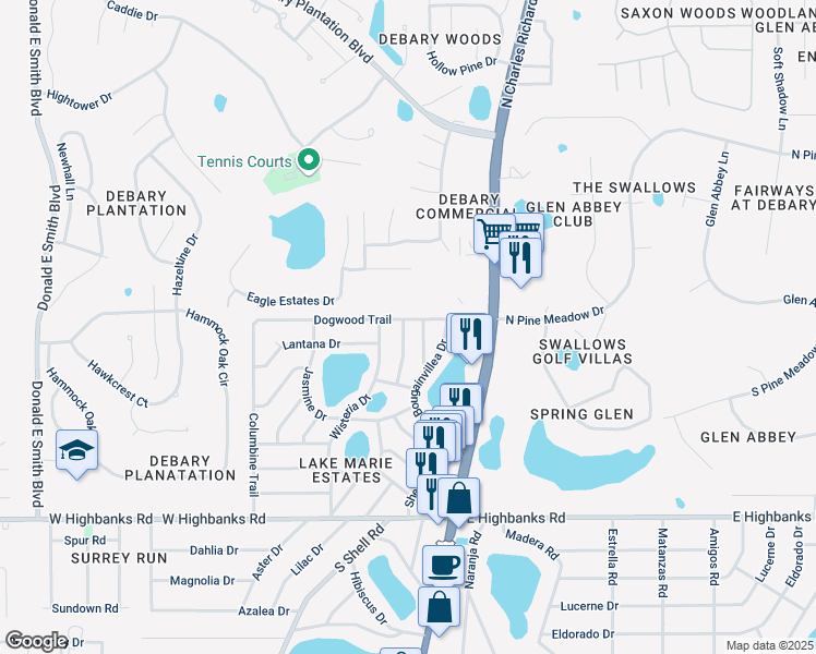 map of restaurants, bars, coffee shops, grocery stores, and more near 36 Dogwood Trail in DeBary
