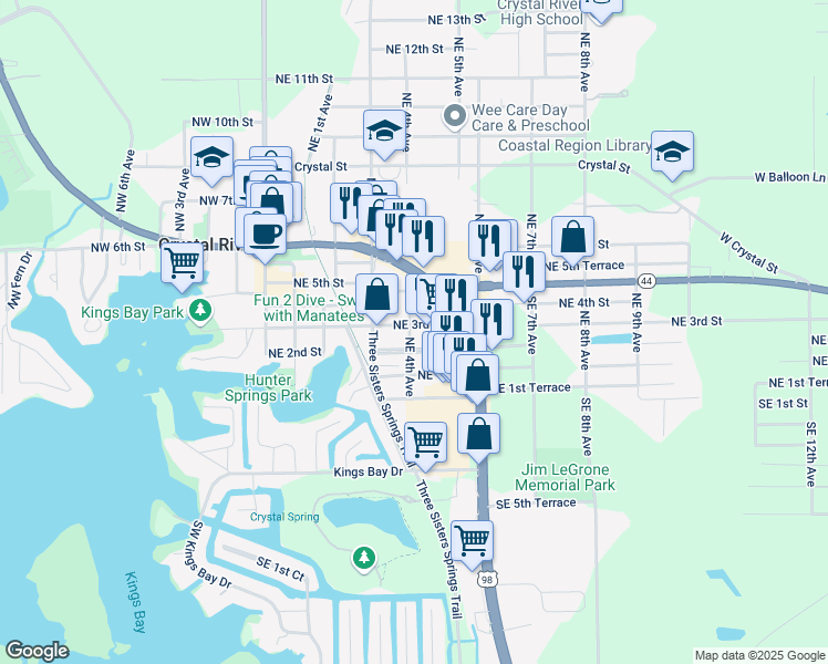 map of restaurants, bars, coffee shops, grocery stores, and more near 427 NE 3rd St in Crystal River