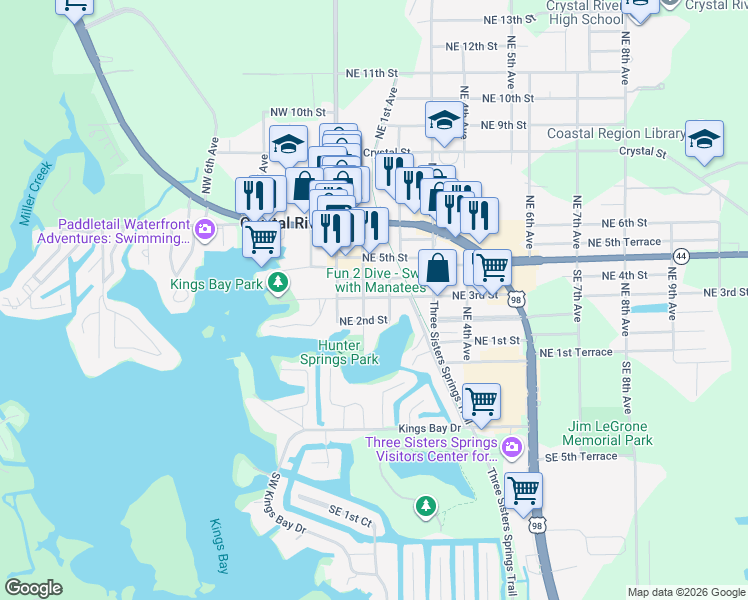 map of restaurants, bars, coffee shops, grocery stores, and more near 114 NE 4th St in Crystal River