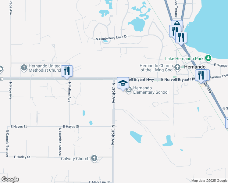 map of restaurants, bars, coffee shops, grocery stores, and more near 2353 North Croft Avenue in Hernando