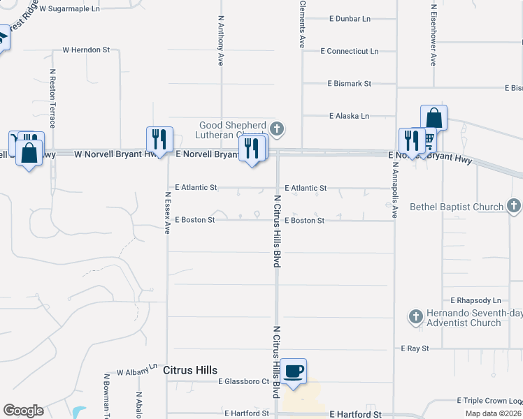 map of restaurants, bars, coffee shops, grocery stores, and more near 2343 North Putnam Point in Hernando