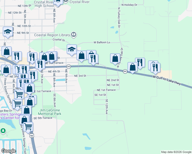 map of restaurants, bars, coffee shops, grocery stores, and more near 1206 Northeast 3rd Street in Crystal River