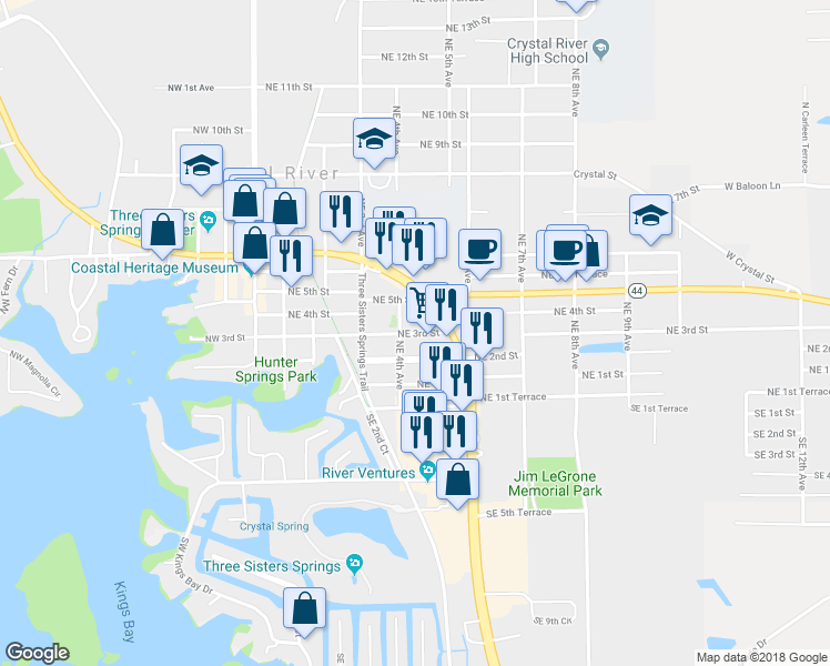 map of restaurants, bars, coffee shops, grocery stores, and more near 427 Northeast 3rd Street in Crystal River
