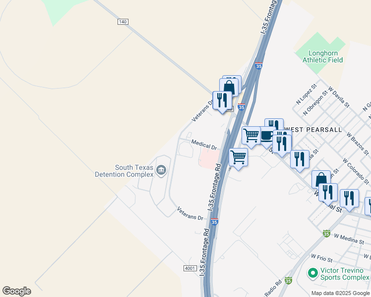 map of restaurants, bars, coffee shops, grocery stores, and more near 169 Medical Drive in Pearsall