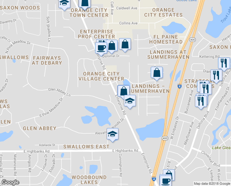 map of restaurants, bars, coffee shops, grocery stores, and more near 2887 Enterprise Road in DeBary