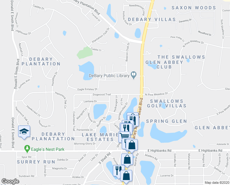 map of restaurants, bars, coffee shops, grocery stores, and more near 36 Dogwood Trail in DeBary