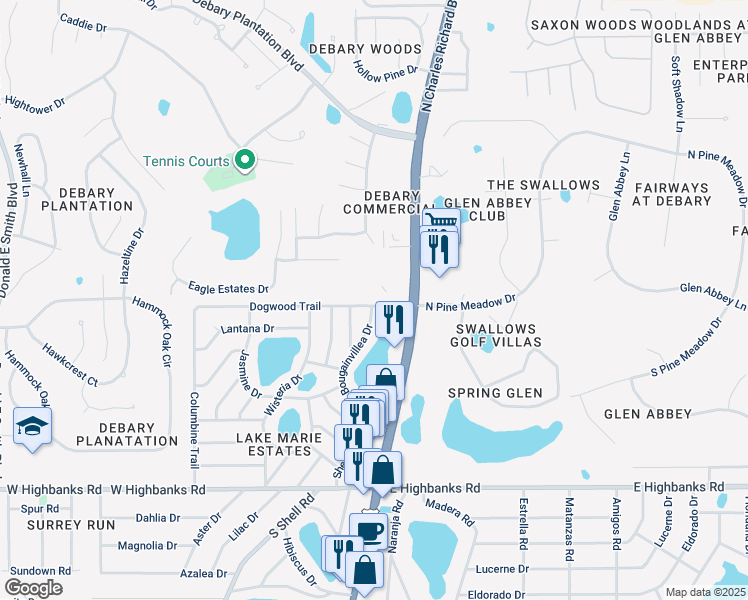 map of restaurants, bars, coffee shops, grocery stores, and more near 18 Dogwood Trail in DeBary
