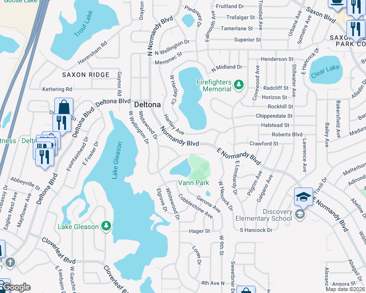 map of restaurants, bars, coffee shops, grocery stores, and more near 641 East Normandy Boulevard in Deltona