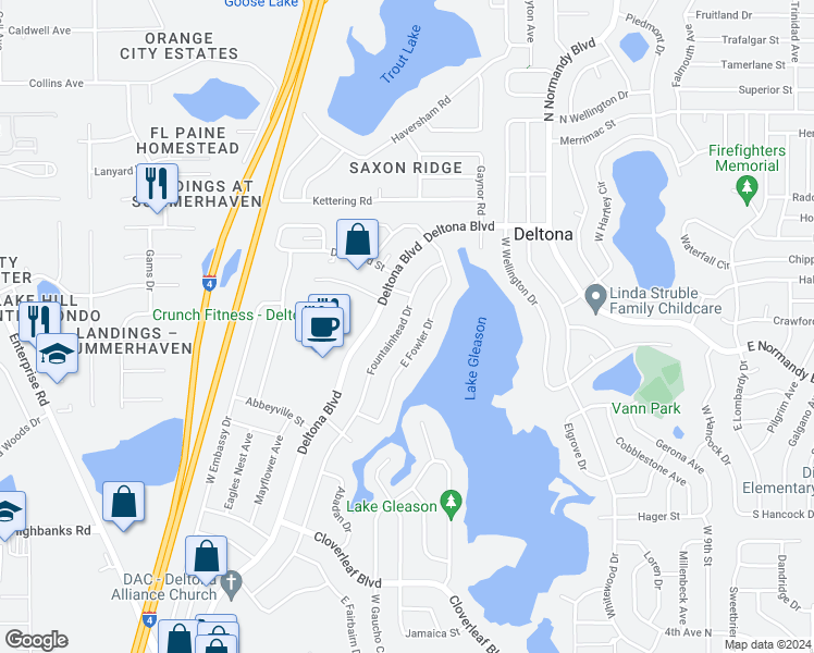 map of restaurants, bars, coffee shops, grocery stores, and more near 1247 Fountainhead Drive in Deltona