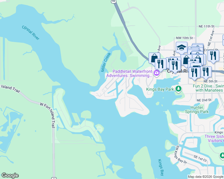 map of restaurants, bars, coffee shops, grocery stores, and more near 451 Northwest 14th Place in Crystal River