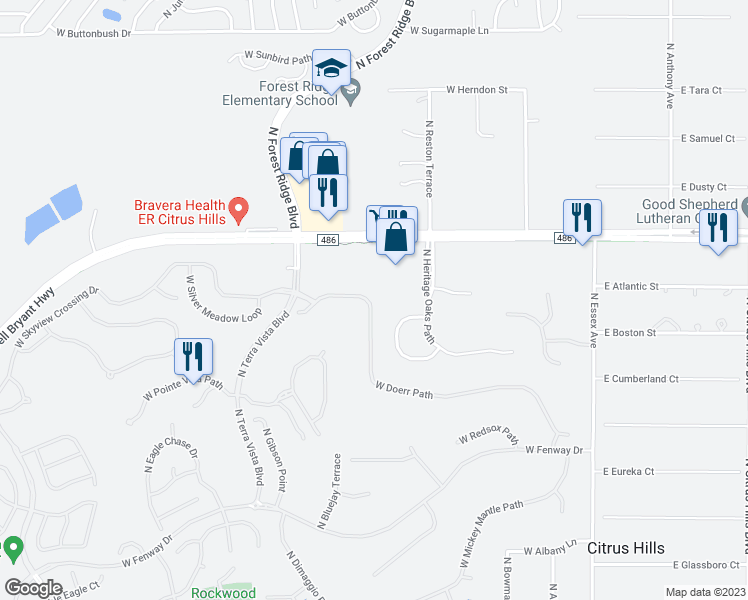 map of restaurants, bars, coffee shops, grocery stores, and more near 631 West Doerr Path in Hernando