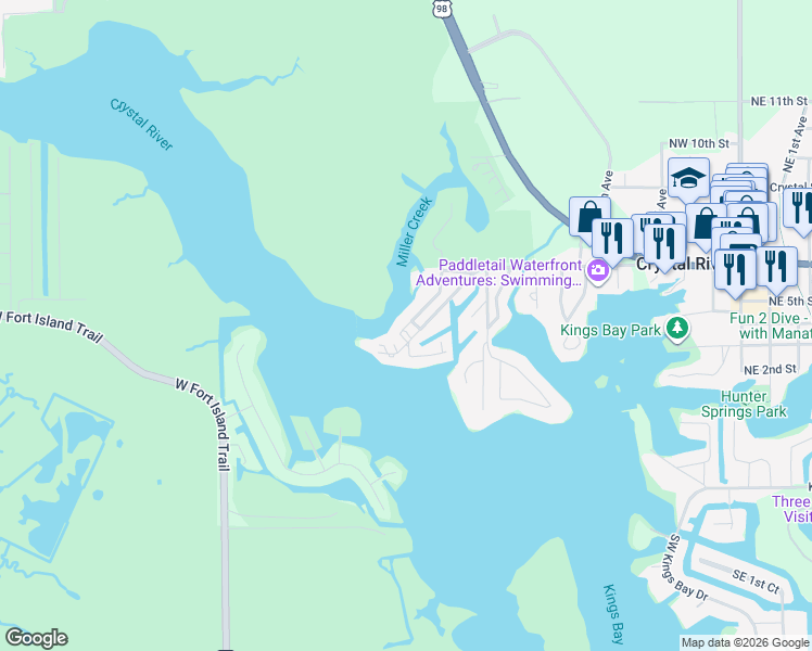 map of restaurants, bars, coffee shops, grocery stores, and more near 540 Miller Creek Road in Crystal River