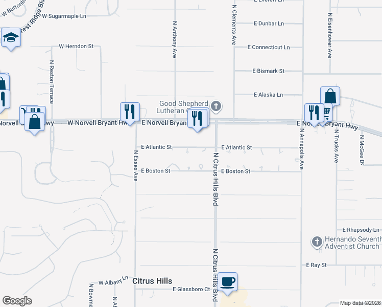 map of restaurants, bars, coffee shops, grocery stores, and more near 2334 Alachua Point in Hernando