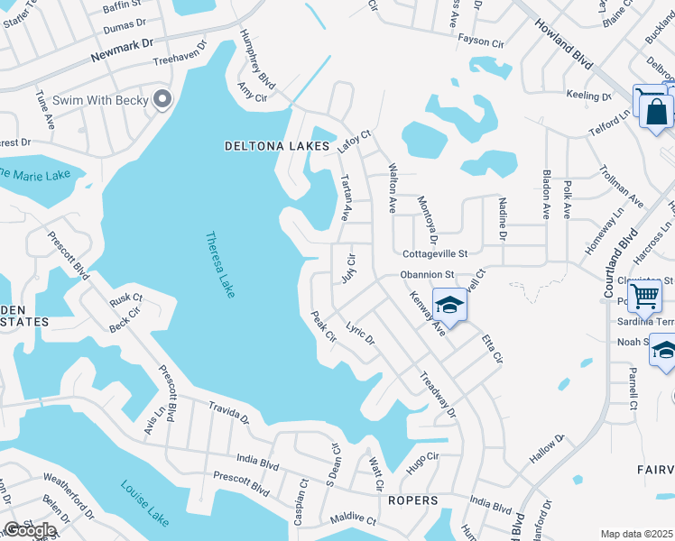 map of restaurants, bars, coffee shops, grocery stores, and more near 1201 Lyric Drive in Deltona