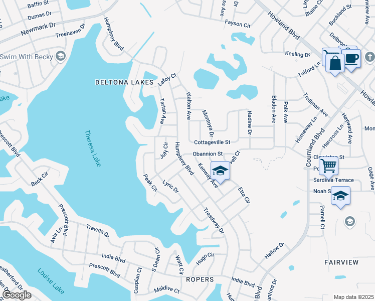 map of restaurants, bars, coffee shops, grocery stores, and more near 2886 Obannion Street in Deltona