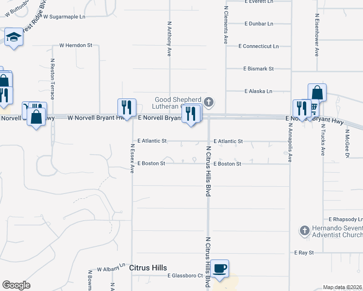 map of restaurants, bars, coffee shops, grocery stores, and more near 2334 Alachua Point in Hernando