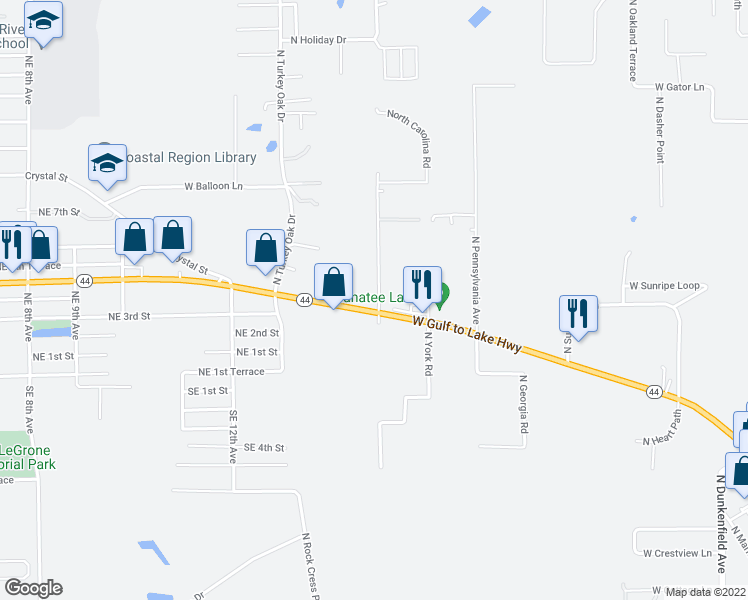 map of restaurants, bars, coffee shops, grocery stores, and more near 7885 West Gulf to Lake Highway in Crystal River