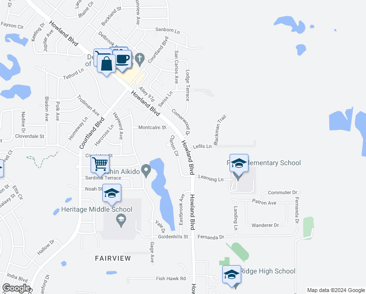 map of restaurants, bars, coffee shops, grocery stores, and more near 1225 Howland Boulevard in Deltona